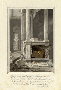 32445 Afbeelding van de vernielde graftombe van de gravin van Solms in de kapel van Zoudenbalch in de Domkerk te ...